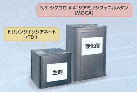 主剤TDI(トリエンジイソシアネート)・硬化剤MOCA又はMBOCA(3,3-ジクロロ-4,4-ジアミノフェニルメタン)